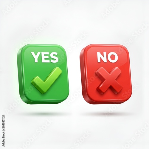 3D Yes and No Buttons with Checkmark and Cross - Decision Making Concept