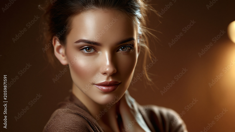 Fototapeta premium elegant woman with luminous healthy skin in warm amber light, luxury skincare beauty portrait with radiant natural glow, sophisticated cosmetics advertising featuring glowing flawless skin