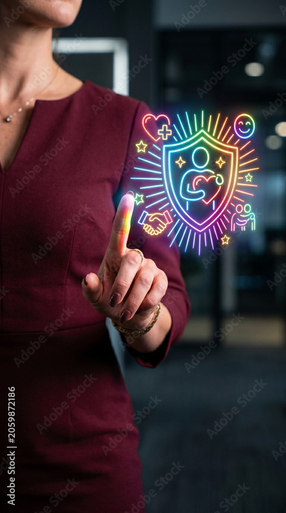 Fototapeta premium Customer satisfaction concept with human hand touching glowing service icon on dark office background