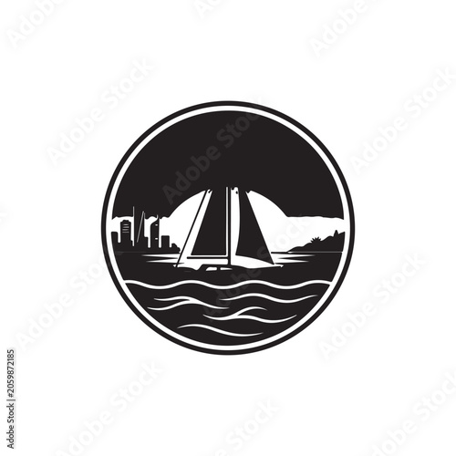 Black and white circular emblem of a sailboat on water with a city skyline and sun in the background, on a white background