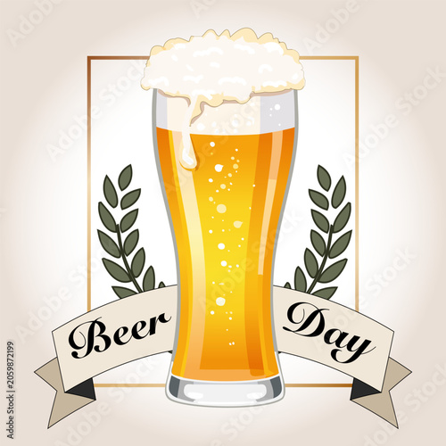 Banner with a glass for Beer Day.Vector illustration of a banner with a large glass of beer and text in a ribbon on a colored background.