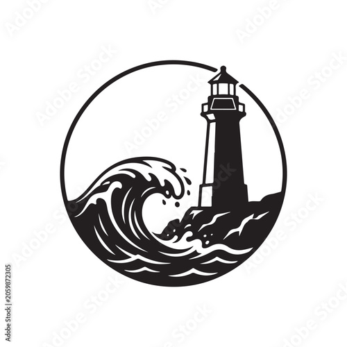 Black and white circular featuring a lighthouse standing on a rocky shore next to a large crashing ocean wave