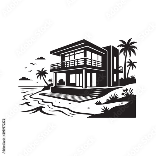 Black and white of a beach house with palm trees, ocean waves, and birds flying in the sky on a clean white background