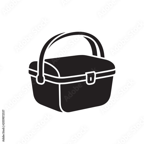 Black and white of a closed picnic basket with a handle and a latch mechanism isolated on a white background, for outdoor dining themes