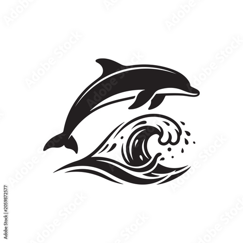 Black and white of a dolphin jumping out of a large ocean wave with water splashes isolated on a clean white background