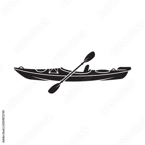 Black and white of a single recreational kayak with a paddle resting across the isolated on a white background