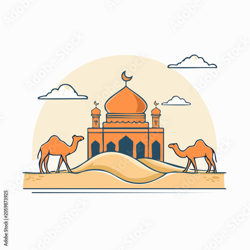 Mosque and Camels in Desert Landscape