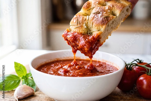Rosemary focaccia bread dipped in fresh tomato marinara sauce for appetizer