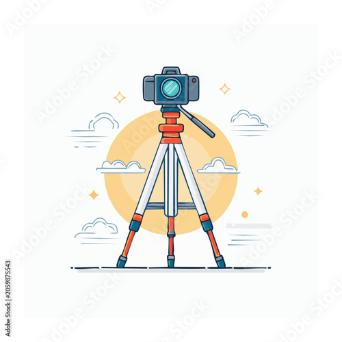 Flat design camera on tripod with sun and clouds