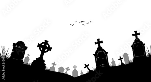 Foto Spooky cemetery silhouette with stone crosses and birds in the sky