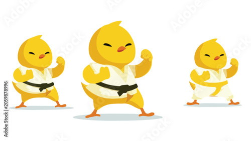 Cute Cartoon Duck Characters in Karate Uniforms Performing Martial Arts.