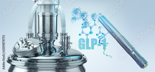 GLP-1 weight loss drug manufacturing in bioreactor. AI-driven pharmaceutical biotechnology production of peptide medicine, biopharma process, injectable obesity treatment, pharma industry, laboratory