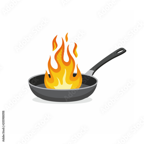 Frying pan with flames on white background