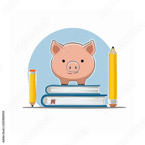 Piggy Bank with Books and Pencils Flat Illustration