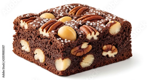 Gourmet brownie square topped with pecans and macadamia nuts, chocolate