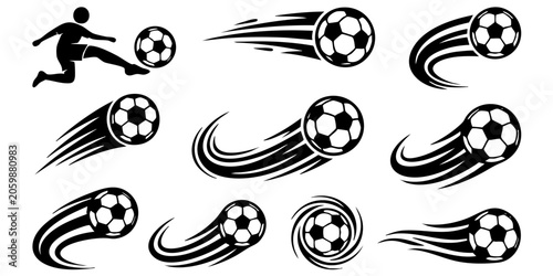 Schilderij op canvas A soccer player kicks a ball with speed lines and swirling motion graphics around it