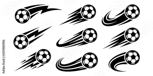 Bild auf Leinwand Motion blur soccer balls fly fast in different directions with dynamic streaks