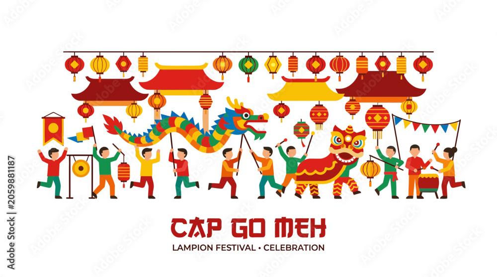 Fototapeta premium Cap Go Meh Festival Celebration: Dragon Dance, Lion Dance, Lanterns, Gongs