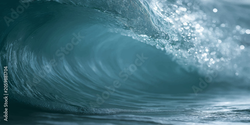 Schilderij op canvas Water splash and flowing ocean waves in motion on a blue sea background with foa