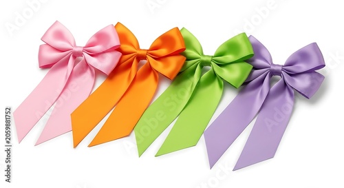 Collection of decorative satin ribbons tied in bows in various colors