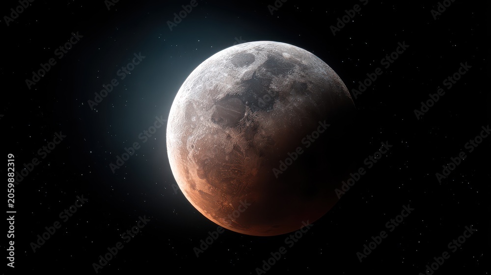 Fototapeta premium Moon shines in the night sky with stars visible around while the Earth’s shadow adds depth to its surface during a lunar event