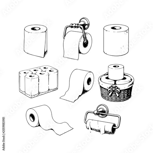 Simple hand drawn toilet hygiene paper sketch clip art, engraved bathroom tissue illustration set