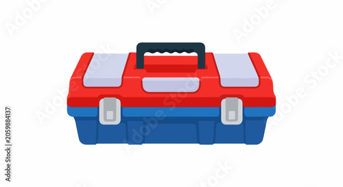 A red and blue toolbox with a black handle rests on a white background