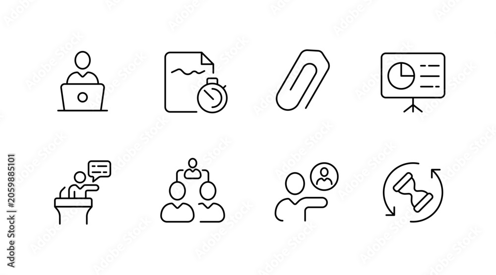 Fototapeta premium Business icon set: professional tools including laptop, stopwatch, paperclip, presentation, discussion, teamwork, profile, time management