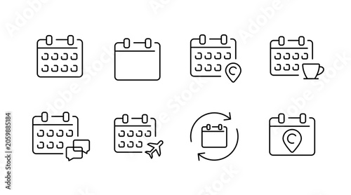 Minimalist calendar and event location icon set for planning and scheduling