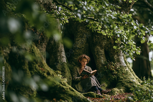 Reader immersed in the magic of a story beneath ancient trees in nature