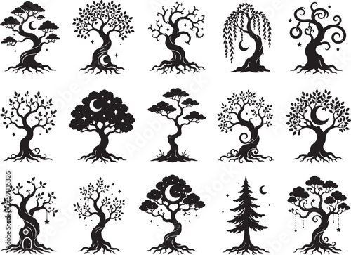 Black and white line collection of diverse trees and plants
