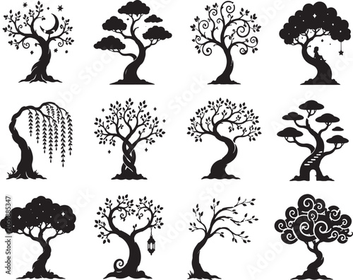 Black and white line of trees with various leaf patterns