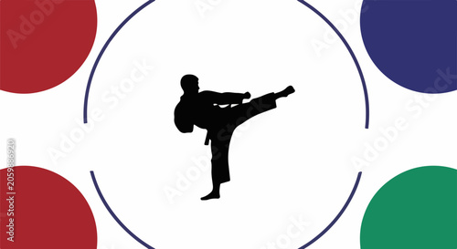 Silhouette of a martial artist performing a dynamic kick within a circular frame