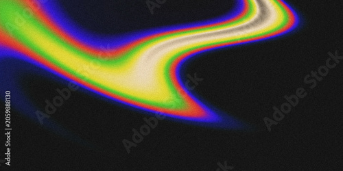 Textured grainy black abstract background with smooth curved iridescent rainbow gradient fluid neon wave, soft glowing color streaks, retro glitch aesthetic, dynamic flowing shape.