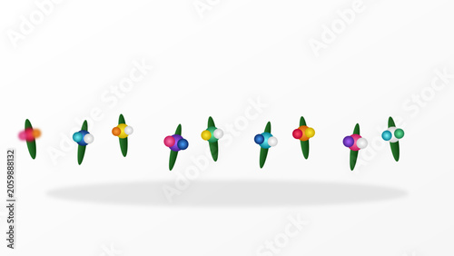 Vibrant Abstract Floral Elements in Row with Multicolored Circles on White