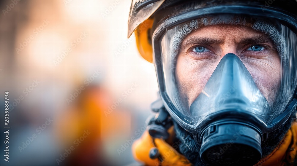 Fototapeta premium A firefighter wearing a respirator looks directly at the viewer.