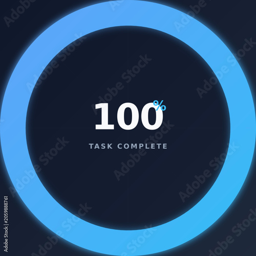 Glowing Blue 100 Percent Completion Circle on Dark Background