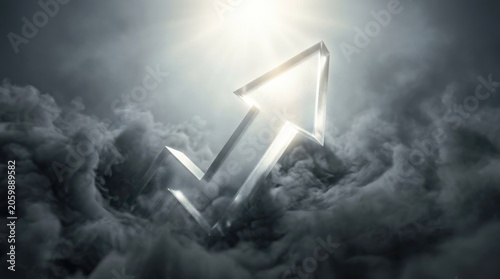 Bright arrow points upward through dark clouds with light shining from above during a dramatic sky scene