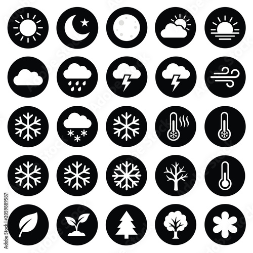 Set of 25 weather and nature icons in black circles