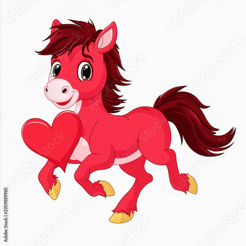 Cartoon illustration of a cheerful red horse character holding a heart while trotting, with a playful expression and flowing mane, suitable for children's designs