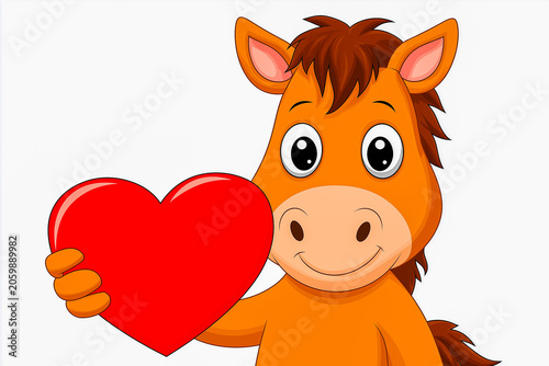Cartoon horse character holding a red heart symbol against a plain white background, featuring a friendly expression and bright colors for children's illustrations