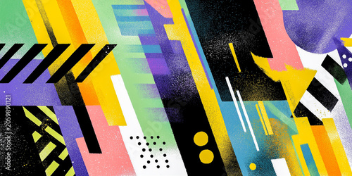 Abstract geometric illustration featuring vibrant colors and dynamic shapes with stripes, dots, and gradients creating a modern artistic composition