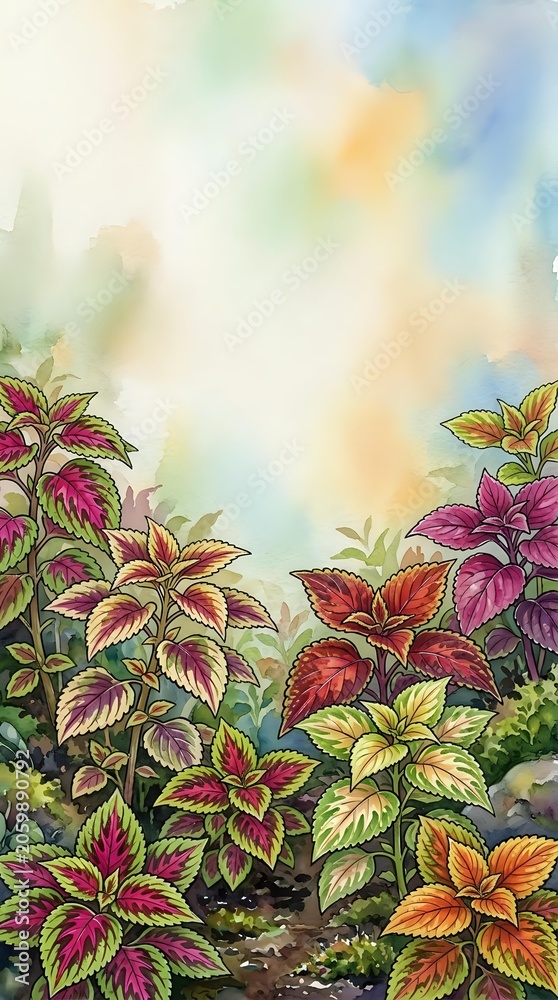 Fototapeta premium Colorful foliage plants with vibrant pink, red, and yellow leaves in garden setting with soft watercolor sky background, suitable for botanical and nature designs.