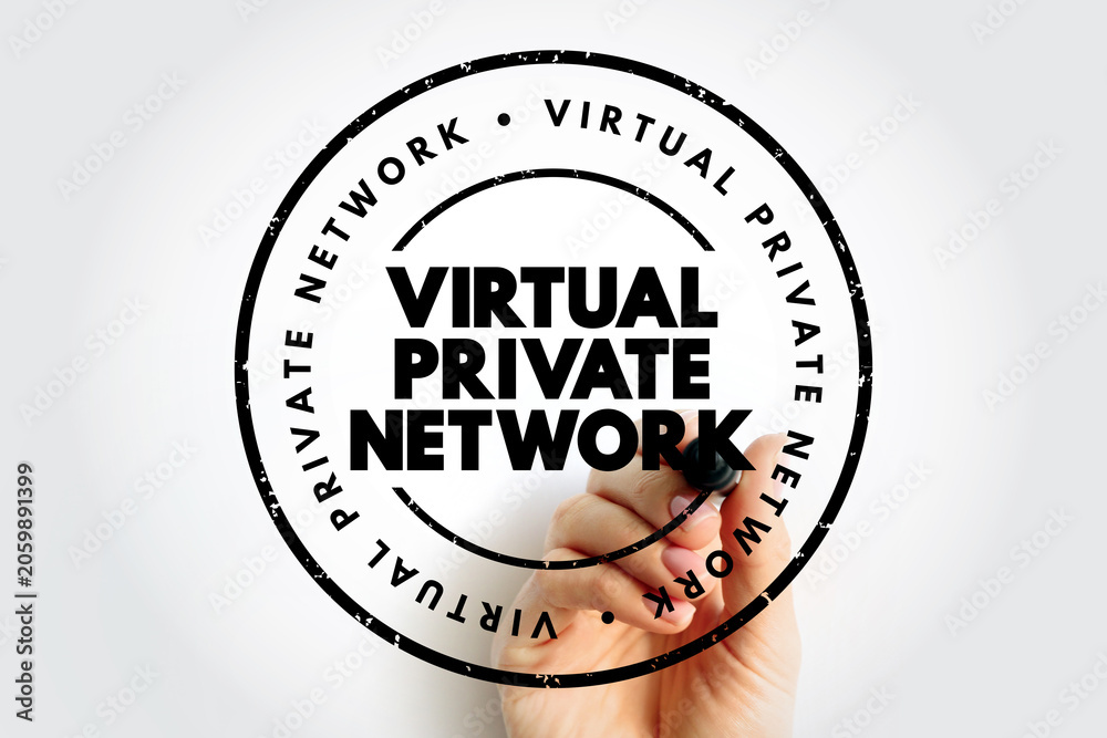 Fototapeta premium VIRTUAL PRIVATE NETWORK text in a circular rubber stamp held by a person. Cybersecurity and internet privacy concept