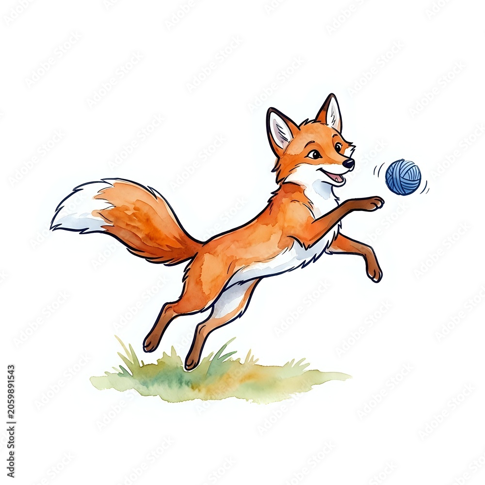 Fototapeta premium Playful fox jumping and catching blue ball isolated on white background, suitable for children's books, nursery decor, and educational materials.