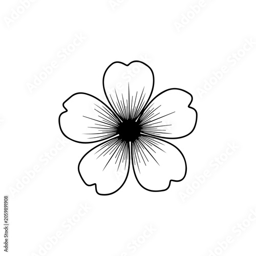Simple five petal flower outline drawing with white background, black and white