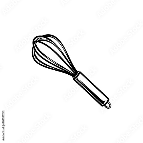 Black and white drawing of a kitchen whisk with kitchen utensil, cooking tool