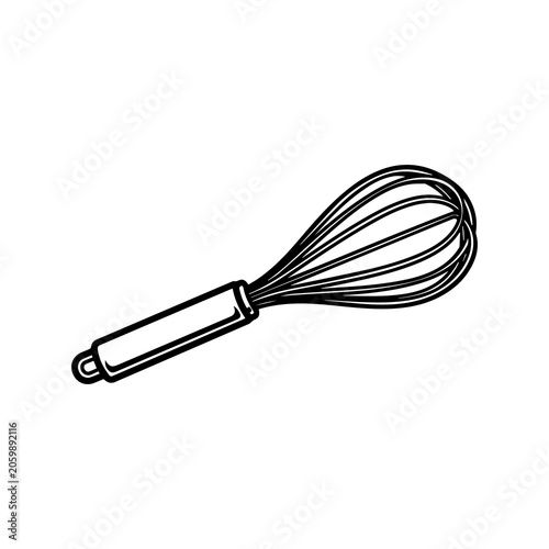 Black and white illustration of a wire whisk kitchen utensil with illustration
