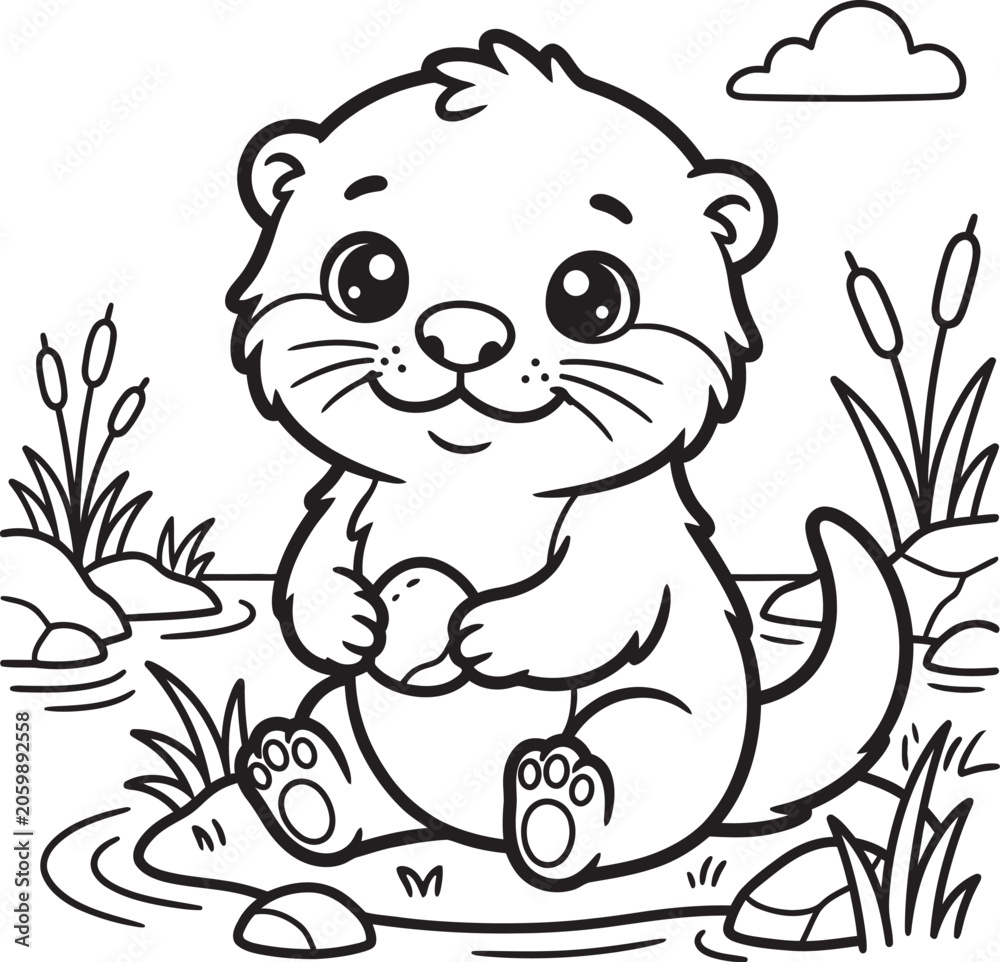 Fototapeta premium Coloring page with gentle otter character for kids activity book education vector cartoon.