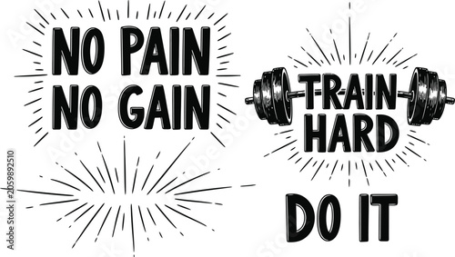 Foto Fitness motivation quote with dumbbells and sunbursts no pain no gain
